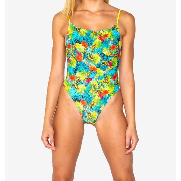Reversible Swimsuit – Tropical Butterfly Print / Neon Green Cheeky One Piece - Picture 1 of 6